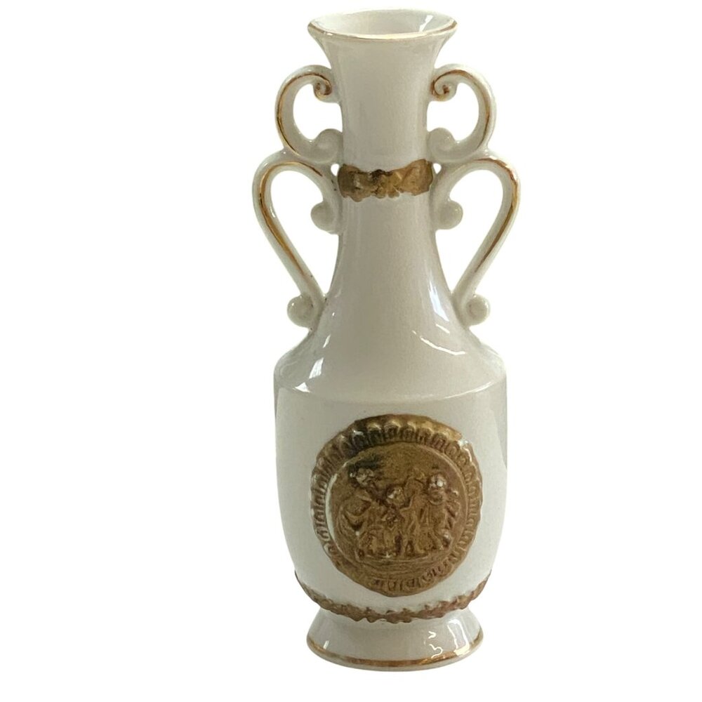 Vintage Ceramic Vase Dual Handles & Raised Relief Design